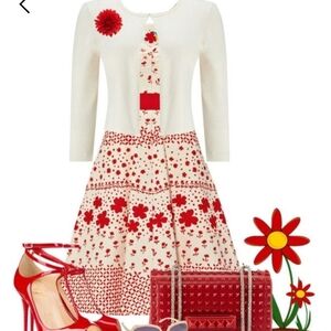 Ruby Belle Vintage Red Orange Off White Floral Dress 8